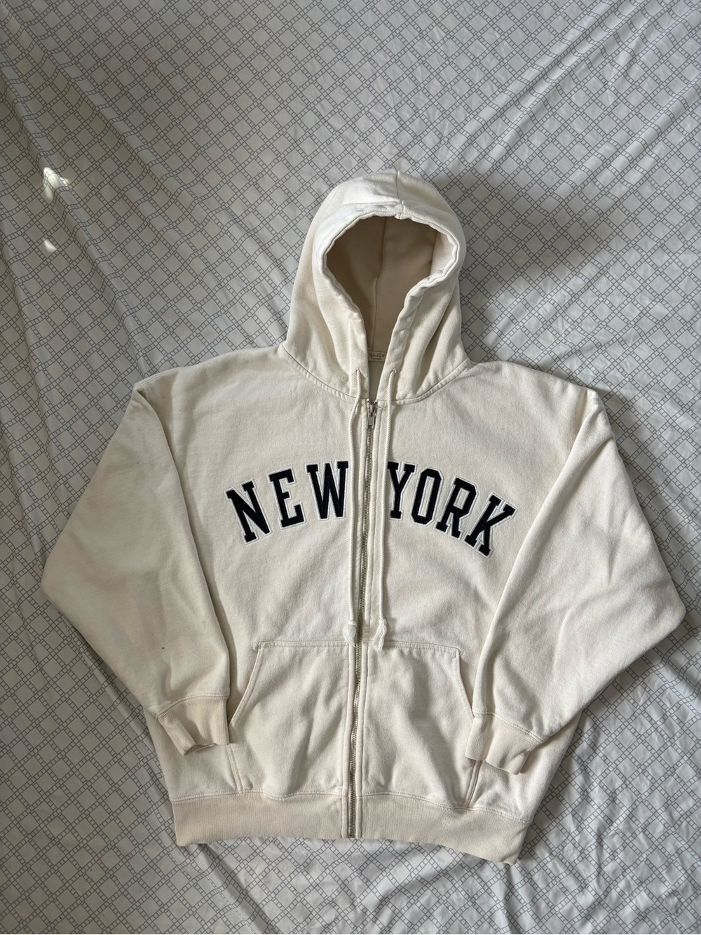 Brandy Melville Cream Full-Zip Hoodie with Navy 'New York' Lettering